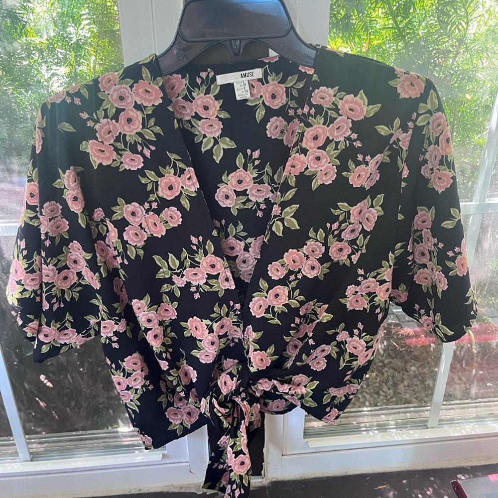 Amuse Society Pink and Black Tie Front Blouse